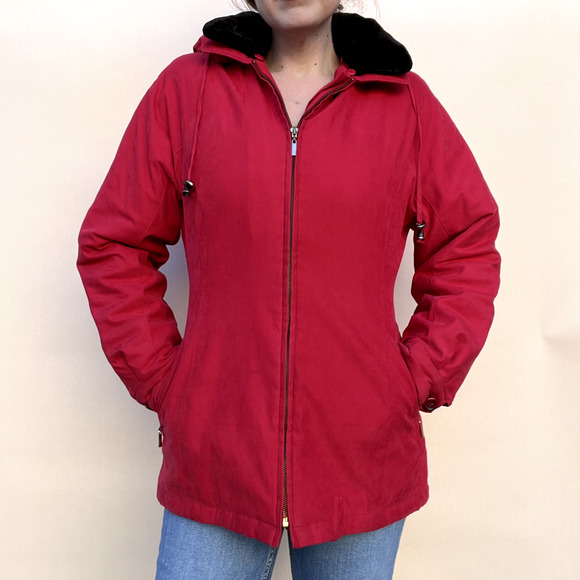 Vintage JNY Jones New York Jacket Women's S Red Removable Hood Full Zip 90s - Picture 1 of 15